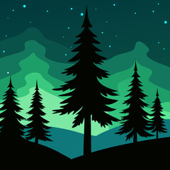 Obraz premium Silhouetted pine trees under a starry aurora night sky