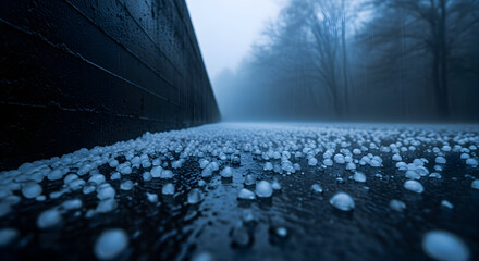 Icy landscape after a severe hail flood: frozen pellets cover dark ground under a somber sky