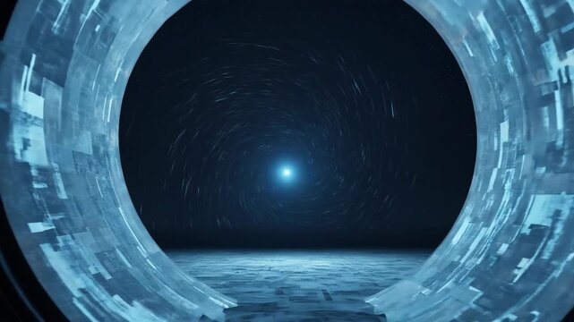 Abstract portal leading to a vortex, with sci-fi arch architecture and universe background, concept of future technology and time travel, gate to another world or dimension.