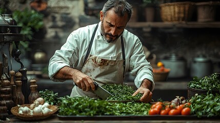 Fototapeta premium A cinematic and realistic illustration of a focused male chef with a beard, in a rustic kitchen, carefully chopping fresh herbs on a wooden cutting board