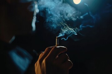Person Holding Lit Cigarette with Rising Smoke in Dark Ambient Lighting