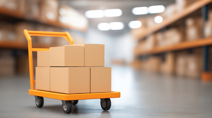 Stack of cardboard boxes on a hand truck inside organized warehouse aisle representing logistics and storage workflow.
