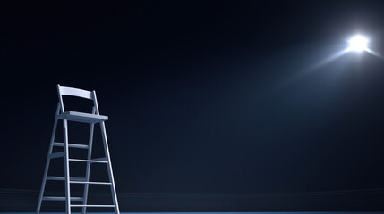 Empty tennis umpire chair under dramatic spotlight in dark stadium.