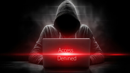 Mysterious Figure with Laptop in Dark Room Access Denied Concept