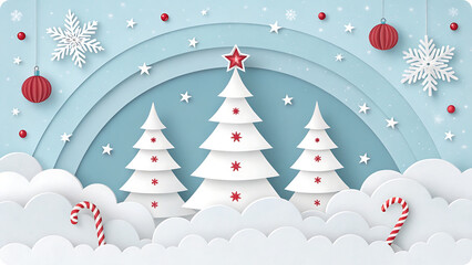 White christmas trees red ornaments snowflakes winter