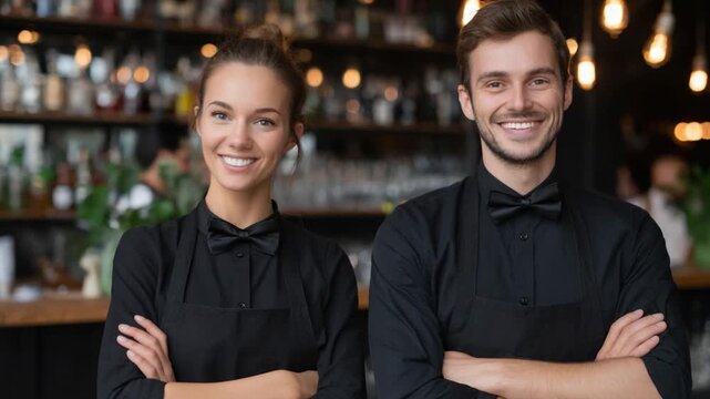 Dynamic Duo: A pair of skilled staff radiate warmth and hospitality. They stand in front of an elegant interior, ready to give an exceptional customer experience. 