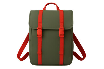 Sleek green backpack with bold red straps, minimalist aesthetic, hanging against transparent backdrop