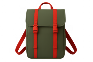 Sleek green backpack with bold red straps, minimalist aesthetic, hanging against transparent backdrop