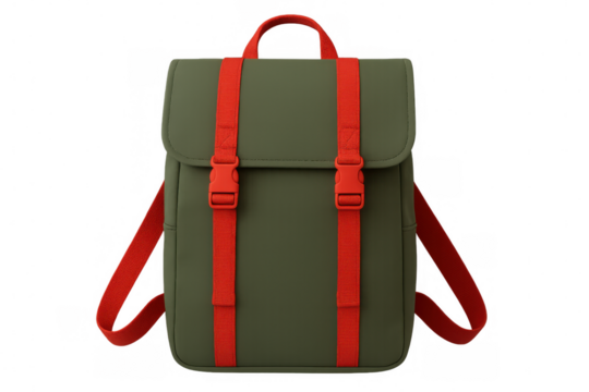 Sleek green backpack with bold red straps, minimalist aesthetic, hanging against transparent backdrop
