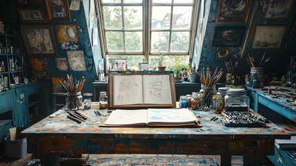 Fototapeta premium A cozy and realistic illustration of a cluttered artist's studio desk in an attic, featuring brushes, paints, a sketchbook, and a large window overlooking a city
