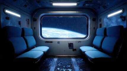 Interior of a spacecraft with a view of Earth.