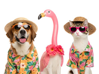 Obraz premium Dog and cat wearing hats and sunglasses with a flamingo toy on a white studio background