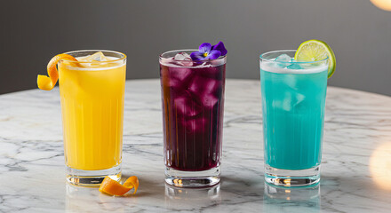 Vibrant Cocktails: Trio of Colorful Drinks with Ice and Citrus Garnish on Marble Table.
