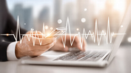 Businessman Using Smartphone and Laptop with Heartbeat Graphic Display