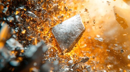 Fragmenting metallic cube with fiery sparks and shards around