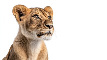 Obraz premium Majestic lion cub portrait against a bright white background