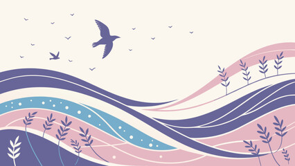 Pastel landscape illustration with birds flying over wavy hills and plants vector art