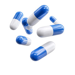 Blue and white pills levitating in midair isolated on a transparent background