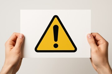 Danger Acknowledged: A close-up shot of two hands holding up a warning sign, which has a yellow triangle shape with a black exclamation point, to denote caution and a message of alert