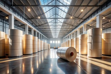 Industrial Warehouse Interior Rows of Large Material Rolls Stored in a Modern Facility with High Ceilings and Skylights