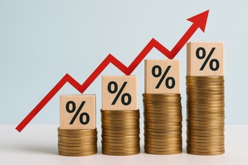 Financial Growth: A visual representation of financial growth is shown with a stack of coins and percent sign, and red arrow.