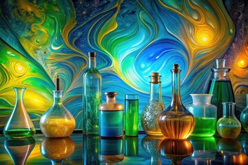 An Array of Colorful Glass Bottles and Vessels Arranged Against a Vibrant Swirling Abstract Background