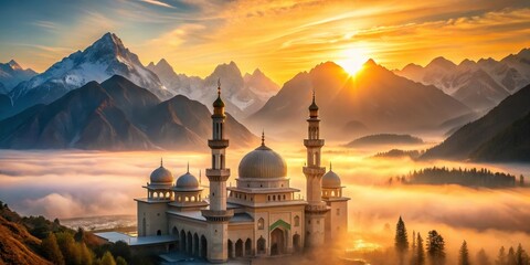 Golden Sunrise Illuminates a Mosque Nestled Amongst Majestic Mountains and a Sea of Mist