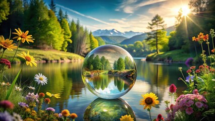 A Crystal Sphere Reflecting Serene Lakeside Nature with Vibrant Wildflowers in Bloom at Dawn