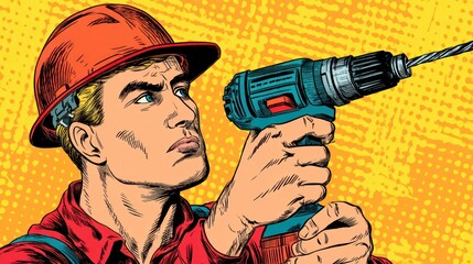 Worker using power drill comic style illustration
