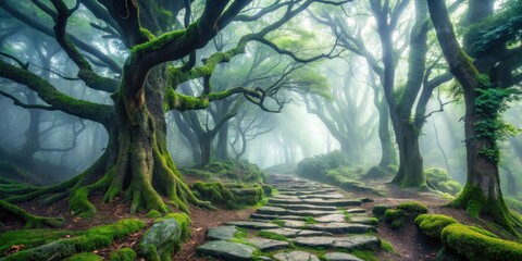 Enchanted Mossy Forest Path A Mystical Journey Through Ancient Trees and Verdant Landscape