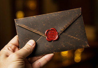 Vintage Brown Leather Envelope in Hand with Wax Seal with Initial S