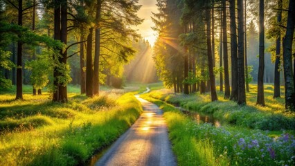 Golden sun rays illuminate a tranquil path winding through a verdant forest, bordered by vibrant wildflowers and a gentle stream