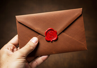 Vintage Brown Leather Envelope in Hand with Wax Seal with Initial S