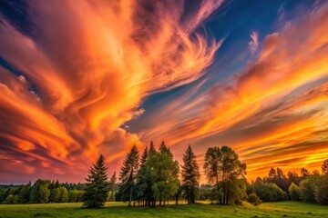 Fiery Sunset Hues Paint the Sky Above a Serene Meadow Landscape with Silhouetted Trees