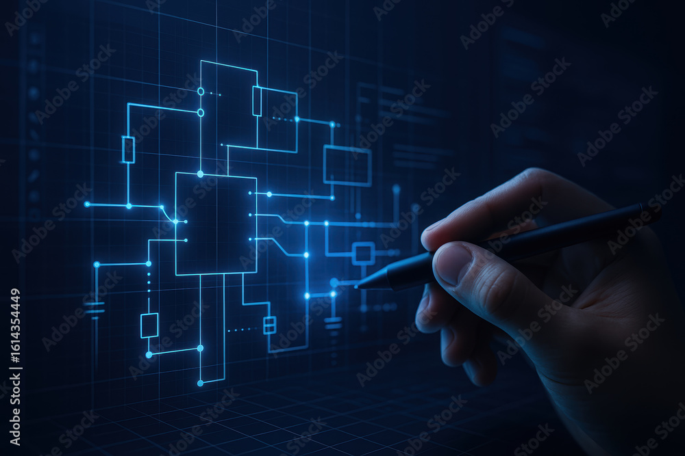 Aufkleber startup engineering lab concept with hand drawing digital circuit design in dark environment for inn