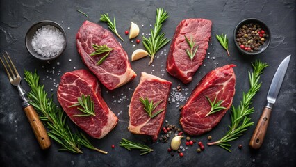 Uncooked Beef Steaks Ready for Seasoning and Grilling with Fresh Rosemary and Spices