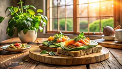 Delightful Smoked Salmon and Avocado Open-Faced Sandwiches on Rustic Wooden Board by Sunny Window