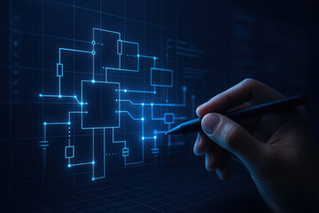 Startup engineering lab concept with hand drawing digital circuit design in dark environment for innovation and technology
