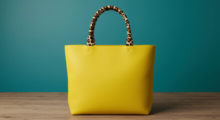 Stylish Yellow Tote Bag with Leopard Print Handle Studio Shot.