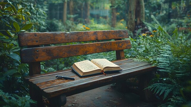 A moody and rustic photo of a cracked-open journal and pen resting on a weathered wooden park bench amidst a lush, peaceful forest setting