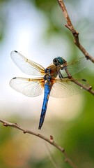 Dragonfly perched on branch