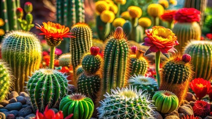 Vibrant Desert Bloom A captivating array of diverse cacti and succulents, showcasing a spectrum of textures and colors in a sun-drenched garden setting.