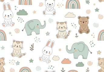Gardinen Tiere Muster  Seamless pattern featuring hand-drawn cute baby animals including bunnies, bears, kittens, and elephants with whimsical doodles like rainbows and stars in soft pastel colors on a clean white backgroun  © Stylish