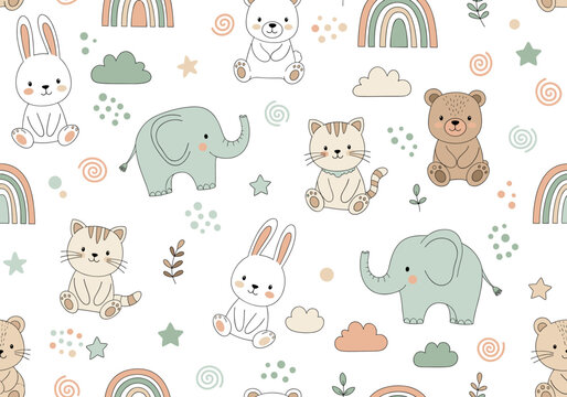 Seamless pattern featuring hand-drawn cute baby animals including bunnies, bears, kittens, and elephants with whimsical doodles like rainbows and stars in soft pastel colors on a clean white backgroun