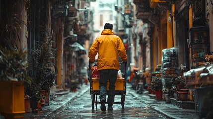 A delivery worker pushes a handcart loaded with packages down a narrow, rain-slicked urban alley, surrounded by glowing streetlights and moody atmosphere
