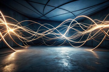 Abstract Glowing Lines in a Dark Room with Concrete Floor and Ceiling