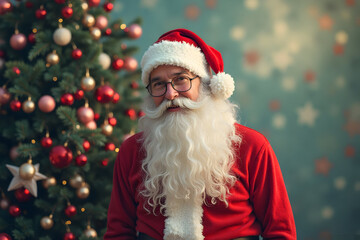 Person with Long Beard in Red Outfit Standing Near Christmas Tree