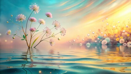 Serene Aquatic Bloom Pastel Flowers Reflecting in Calm Water at Sunset