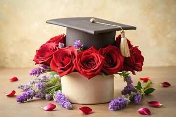 A celebratory graduation arrangement featuring a mortarboard atop a container of vibrant red roses and delicate purple blossoms