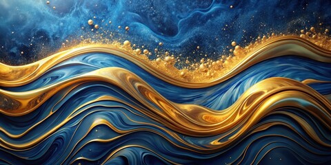 Abstract Golden Waves Flowing Over a Deep Blue Canvas with Scattered Golden Spheres